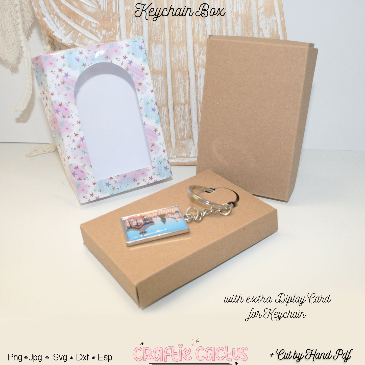 Keychain box with a keychain and display card on a white background, featuring 'Craftie Cactus' branding.
