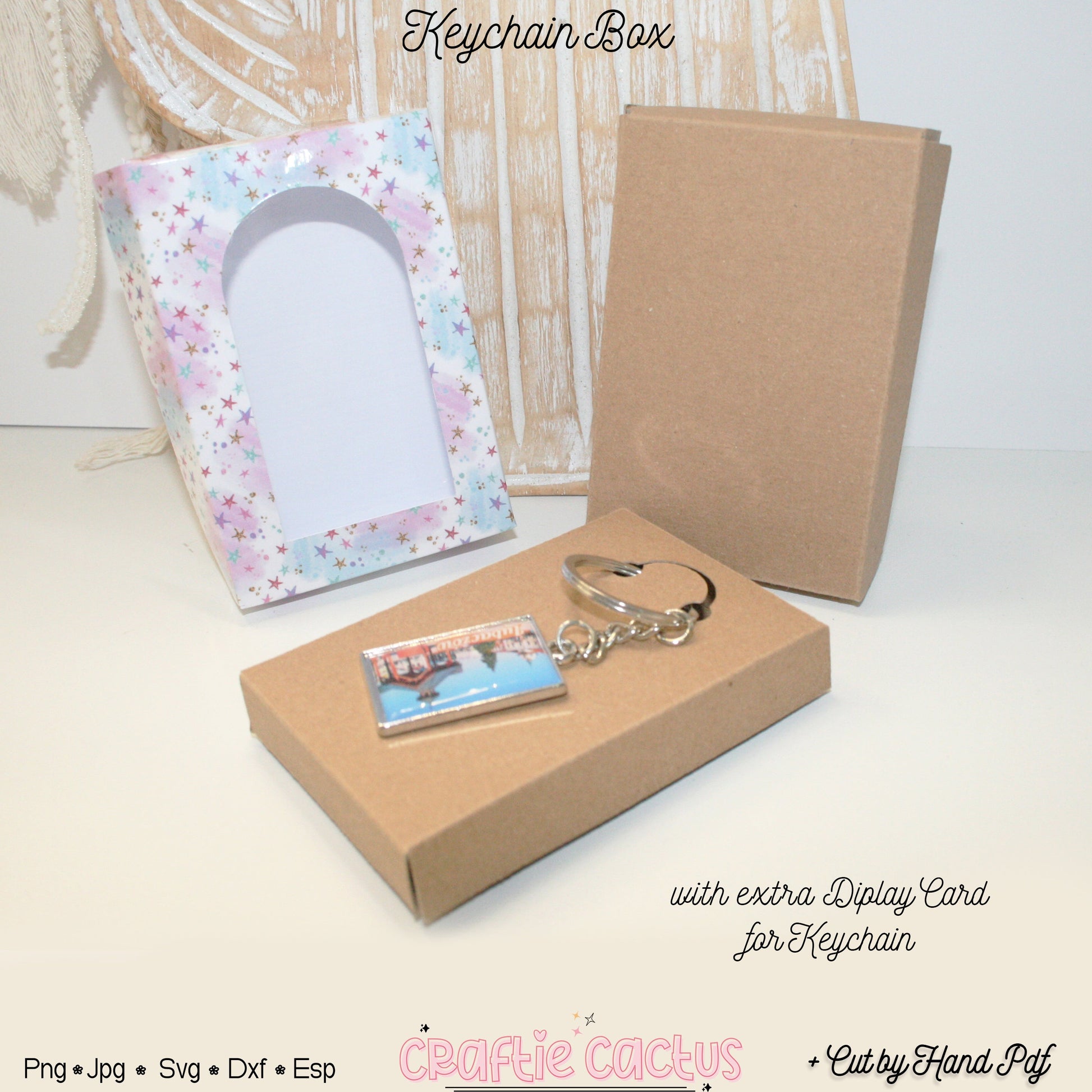 Keychain box with a keychain and display card on a white background, featuring 'Craftie Cactus' branding.