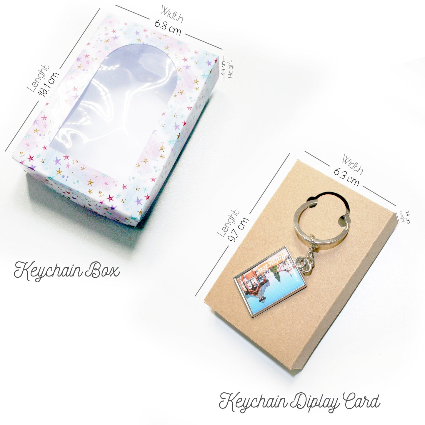 Keychain display card with keychain and packaging on a white background