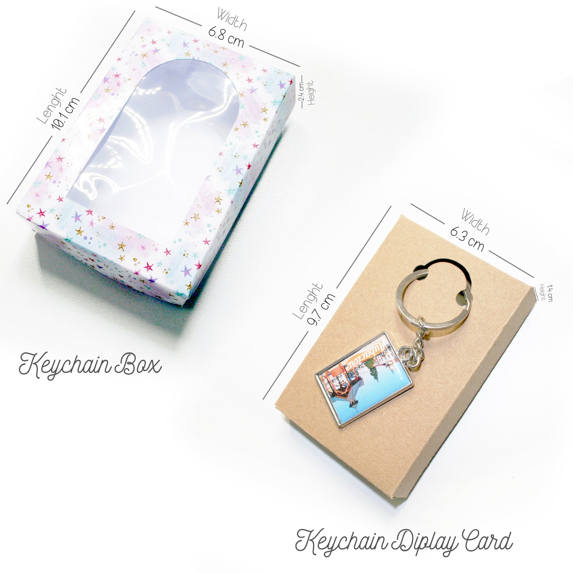 Keychain display card with keychain and packaging on a white background