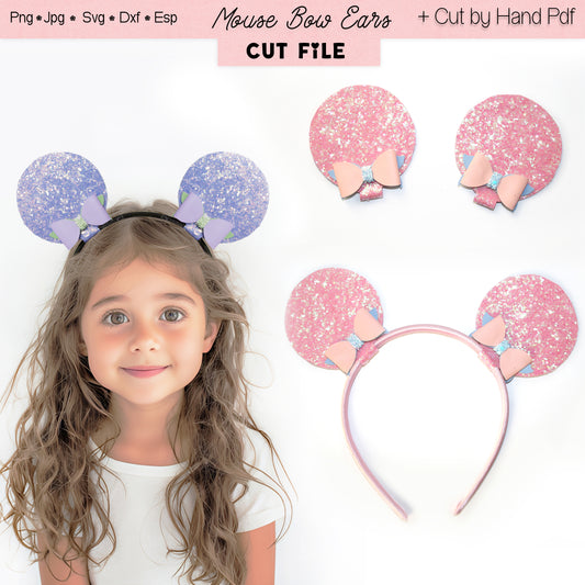 Child wearing a headband with mouse bow ears cutout, surrounded by pink and purple mouse bow ears on a white background.