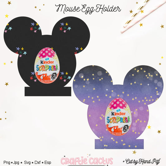 Mouse-shaped egg holders, one black and one purple, each adorned with colorful stars, hold Kinder Surprise eggs. Festive and playful design.