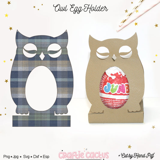 Two owl-shaped egg holders are displayed. The left holder has a plaid pattern, while the right is plain with an egg labeled "Jumbo" inside. The background is decorated with small golden stars.