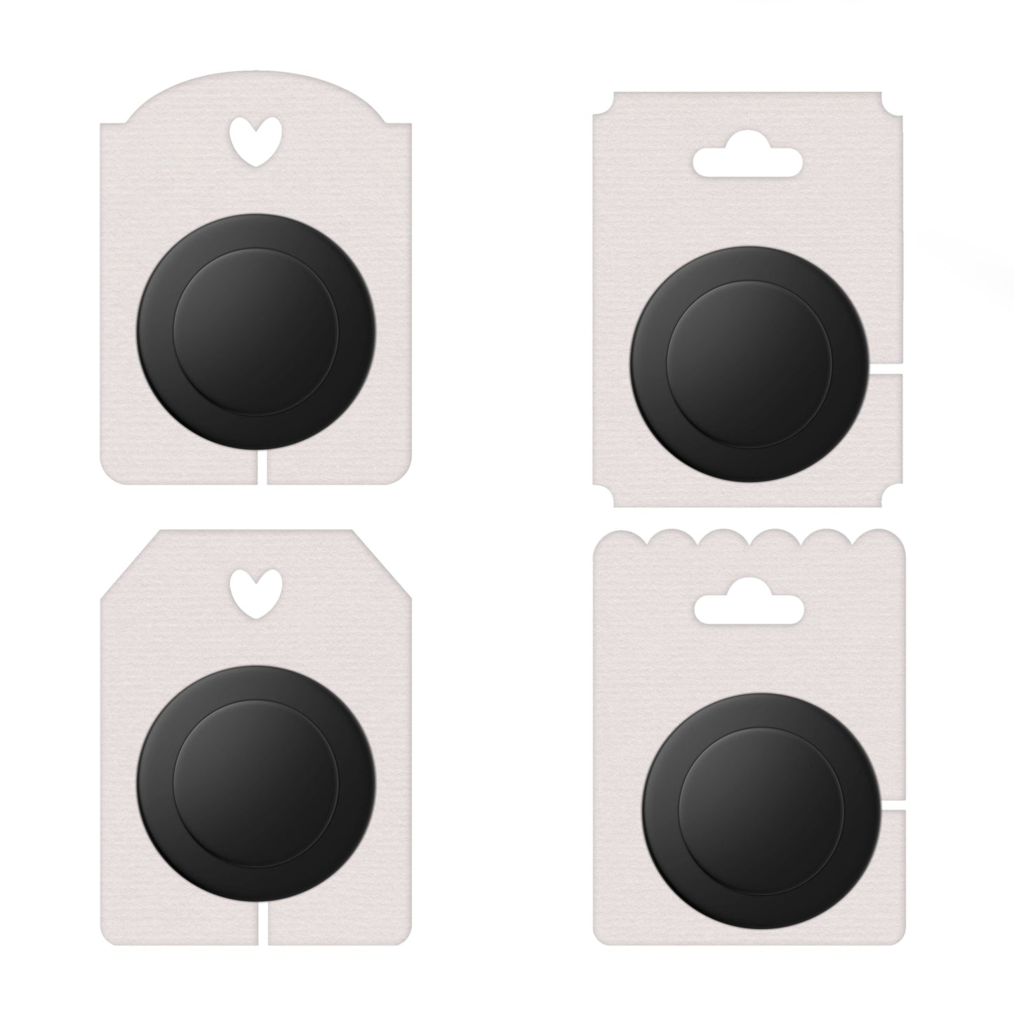 Four black circular objects on white card holders with heart designs on a white background.
Showcase your phone grips with these adorable and functional display cards! Designed for creators and sellers, these cards offer a charming way to present your phone accessories.

Phone grip card, 
custom backing cards, 
eco friendly, 
phone grip packaging, 
holder, recycled, small business 
packaging supplies,
Custom Backing Cards,
Phone Display Cards,
Phone grip Backing,
Custom Packaging Card,
Packing Cards,
Displa