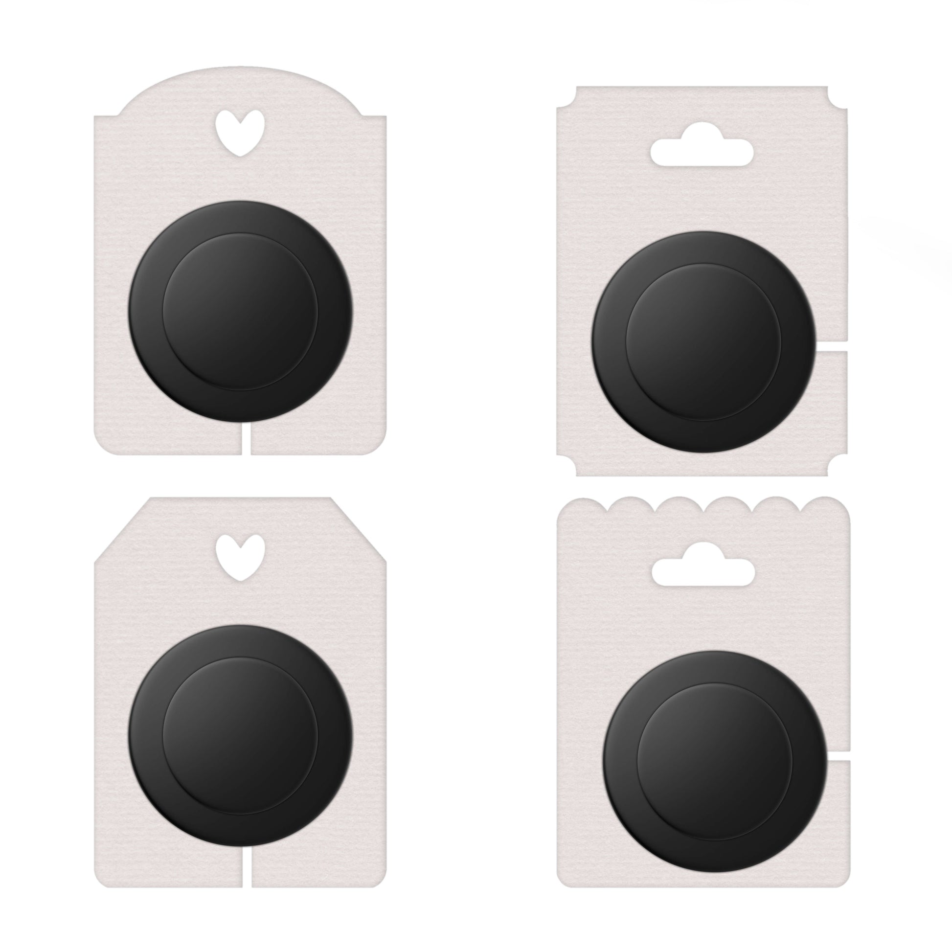Four black circular objects on white card holders with heart designs on a white background.
Showcase your phone grips with these adorable and functional display cards! Designed for creators and sellers, these cards offer a charming way to present your phone accessories.

Phone grip card, 
custom backing cards, 
eco friendly, 
phone grip packaging, 
holder, recycled, small business 
packaging supplies,
Custom Backing Cards,
Phone Display Cards,
Phone grip Backing,
Custom Packaging Card,
Packing Cards,
Displa