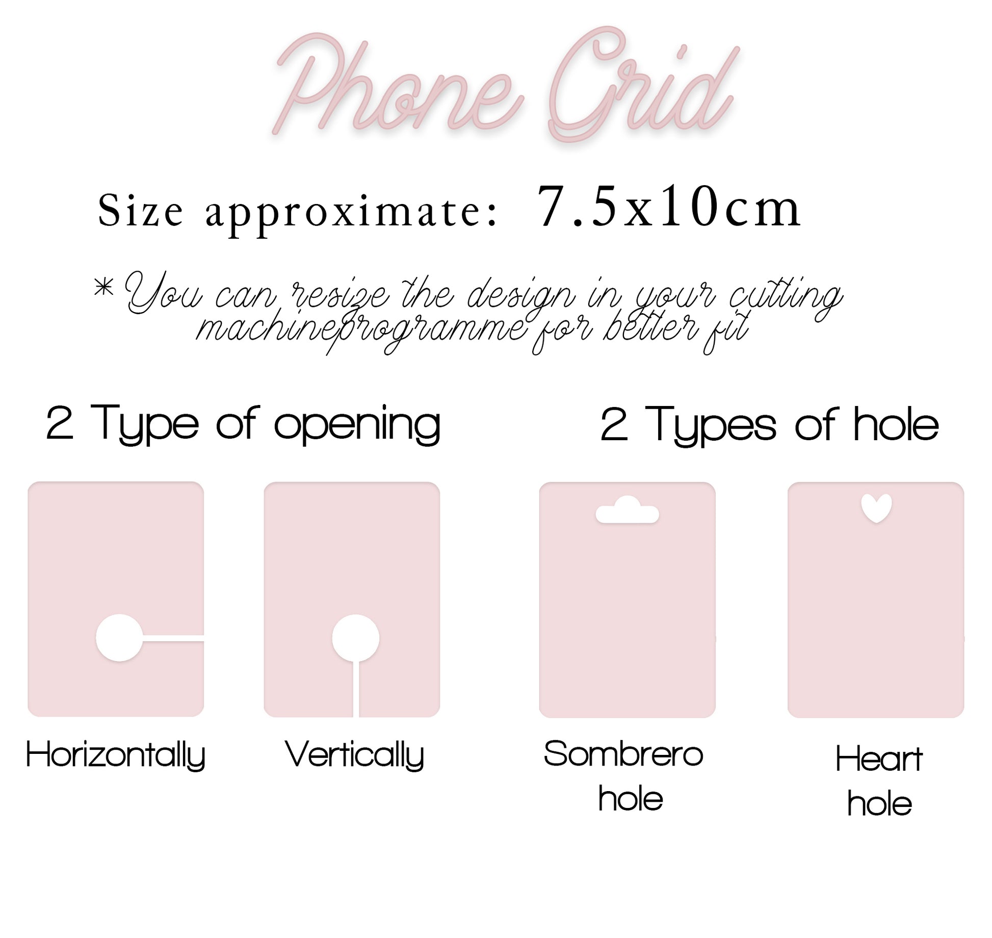 Phone grid product description with size, opening types, and hole types on a white background.