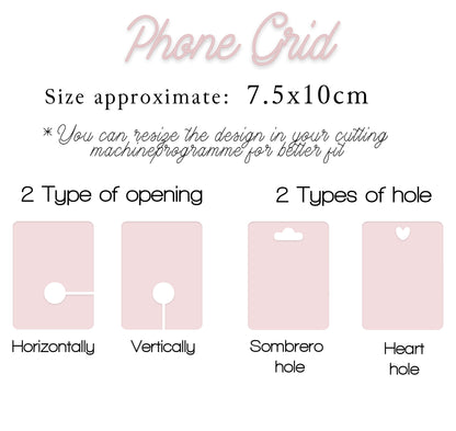 Phone grid product description with size, opening types, and hole types on a white background.