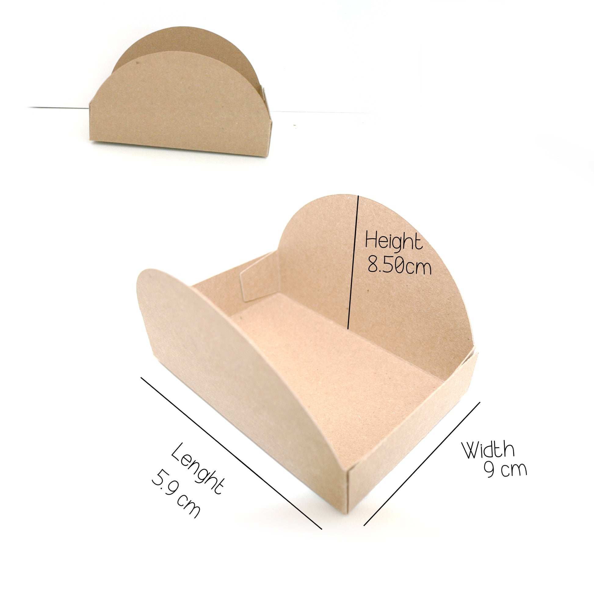 Cardboard heart-shaped box with measurements on a white background