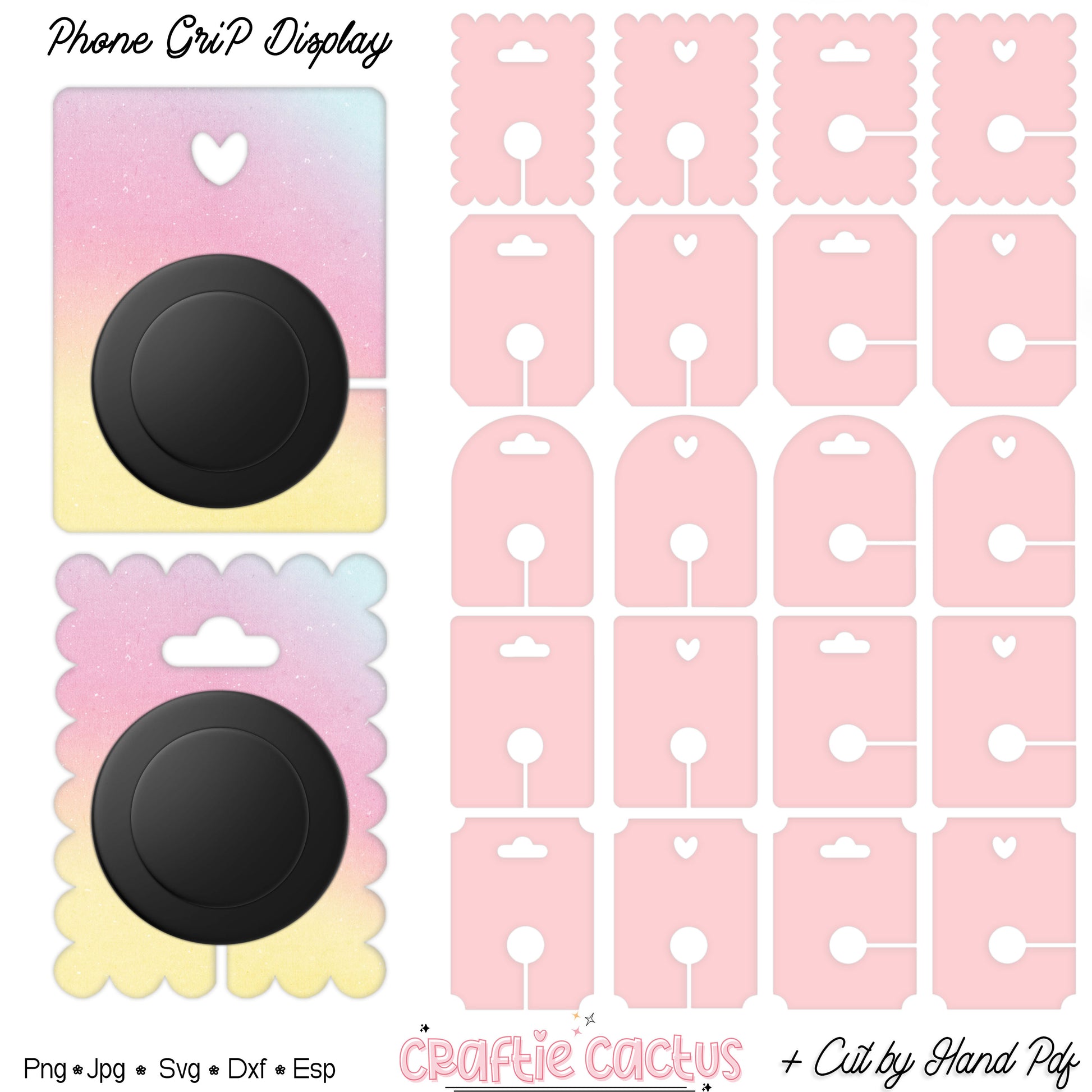 Phone grip display with gradient packaging and multiple pink display cards.Phone grip card, 
custom backing cards, 
eco friendly, 
phone grip packaging, 
holder, recycled, small business 
packaging supplies,
Custom Backing Cards,
Phone Display Cards,
Phone grip Backing,
Custom Packaging Card,
Packing Cards,
Card Backing Design,
Display Card Phone Grip,
Phone Grip Holder ,
Popsocket Packaging,
Pop Socket Display,