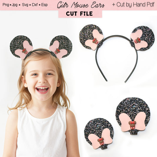 Child wearing sparkling Mouse ears headbands  with additional ears displayed on a white background.